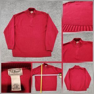 LL Bean Mens‎ L Large 100% Cotton Knit Red Pullover 1/4 Zip Heavyweight Sweater